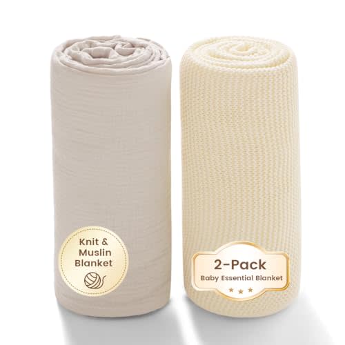 2-Pack Premium Baby Blankets, Soft Textured Knit Swaddle Blanket & Natural Muslin Cotton Receiving Blanket, Lightweight Wrap for Newborn Boys Girls, Thoughtful (Beige)