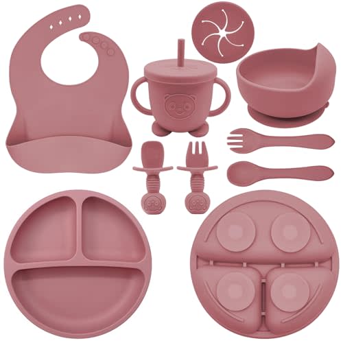 Silicone Baby Feeding Set | Baby Led Weaning Supplies Includes Suction Bowls and Divided Plates, Adjustable Bib, Baby Utensils Spoons and Forks,Cup | Baby Feeding Essentials (Red)