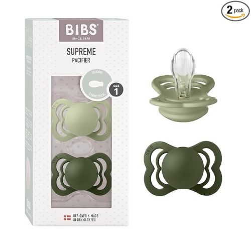 BIBS Supreme Baby Pacifier 2-Pack | Made in Denmark | BPA Free Dummy Soother, Symmetrical Nipple. Silicone, Size 1 (0-6 Months), Sage/Hunter Green