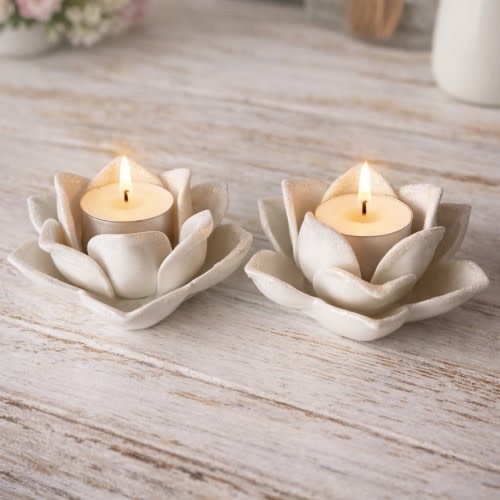 Avon Set Of 2 White Ceramic Lotus Flower Tea Light Candle Holder - 5”x2.5”