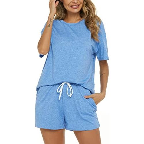 LOCUBE Women's Pajama Set Short Sleeve Top and Drawstring Shorts with Pockets, Soft Stretchy Comfy Loungewear Sleepwear