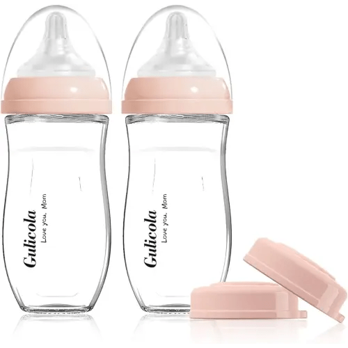 Gulicola Natural Glass Baby Bottle for Breastfed Babies, Anti-Colic Baby Bottle Set with Medium Flow Nipple, 3 Months +, 8 oz, 2 Pack - Pink