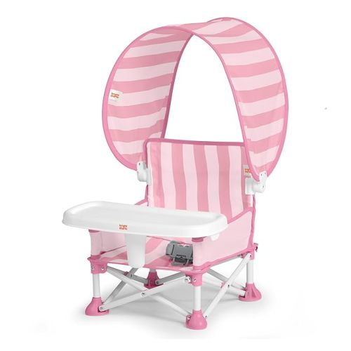 Bright Starts Pop 'N Sit Cabana Portable Booster Chair with UPF Canopy, Floor Seat for Indoor/Outdoor Use, Compact Fold, Pink, 6 Months–3 Years