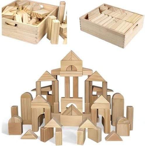Standard Unit Building Blocks for Toddlers with Storage Tray (64 Pcs) Sanded Wood Blocks for Children, Original STEAM, and STEM Learning, Classic Wooden Toys for Kids Parties and Classrooms