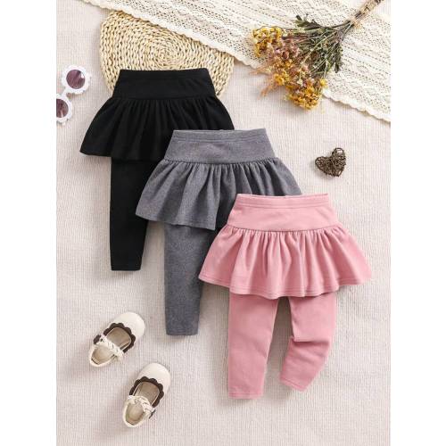 SHEIN 3pcs/Set Baby Girl Cute All-Match Solid Color Elasticated Waist Ruffle Trim Knitted Pants, Autumn & Winter | SHEIN USA