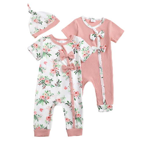 Actgleam Infant Baby Girls Romper With Hat Snap Short Sleeve Baby Jumpsuit,3-6Months,2 pack