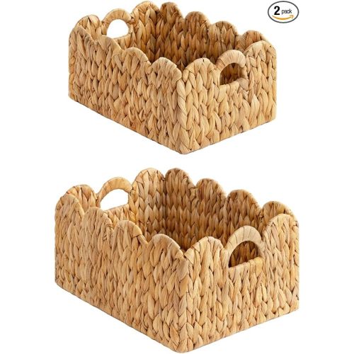StorageWorks Scalloped Edge Wicker Basket, Hand-woven Rattan Baskets with Built-in Handles, Water Hyacinth Basket for Organizing and Decor, 2 Pack