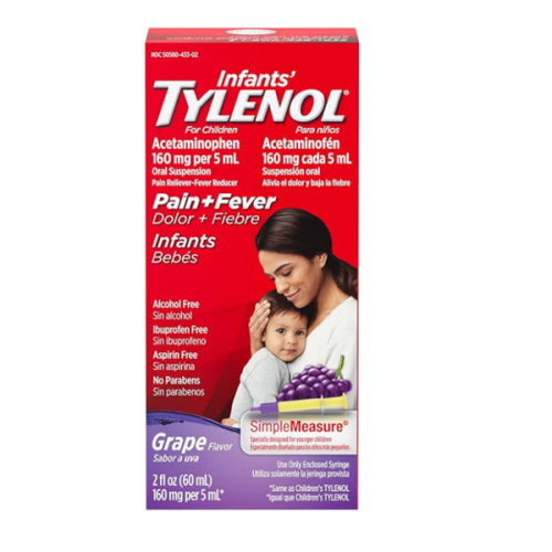 Infants' Tylenol Liquid Pain Relief & Fever Medicine, Oral Suspension, Acetaminophen for Sore Throat, Headache & Teething, Pain Reliever & Fever Reducer for Kids; Grape Flavor, 2 fl. oz.; Pack of 1
