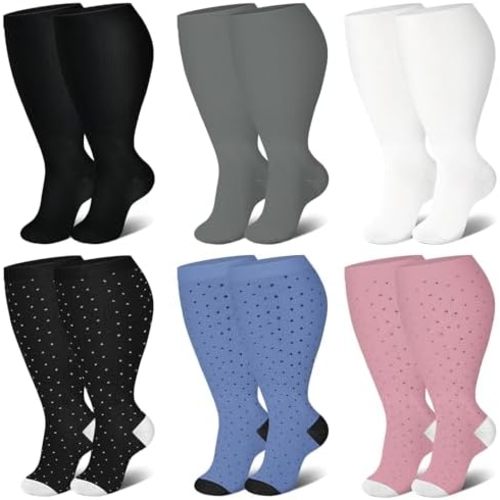 Genovega 6 Pairs Wide Calf Socks for Women Men Knee Hight Plus Size Travel Flight Sports 2XL