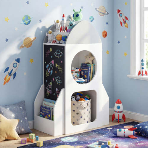 COSTWAY 3-Tier Kids Bookshelf Rocket Space Theme Toddler Toy Storage Organizer-White