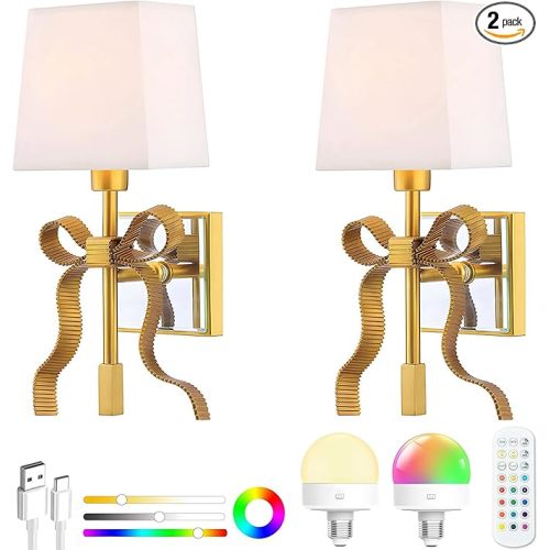 Battery Operated Wall Sconces Set of 2, Gold Wireless Bow Wall Light with 5200mAh Dimmable Bulbs & Remote, 15 Colors Rechargeable Brass Wall Sconce for Bedroom Living Room Hallway Decor