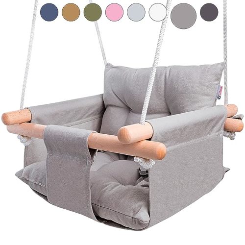 CaTeam Canvas Baby Swing Seat with 5-Point Safety Belt — Wooden Hanging Toddler Swing, Indoor & Outdoor, Ages 1-4, Ceiling Mount Hardware Included, Taupe Gray