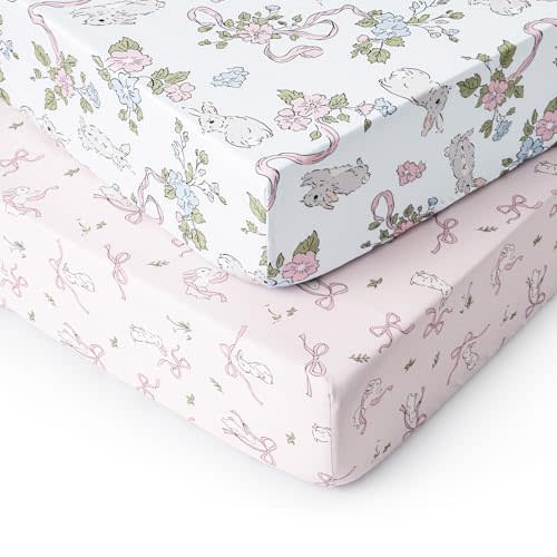 PHF Soft Crib Sheet Fitted, 2 Pack Baby Sheets for Girls, 28x52x9 in Fits Standard Crib and Toddler Mattresses, Silky Comfy Breathable Polyester Baby Mattress Sheets, Rabbit & Floral