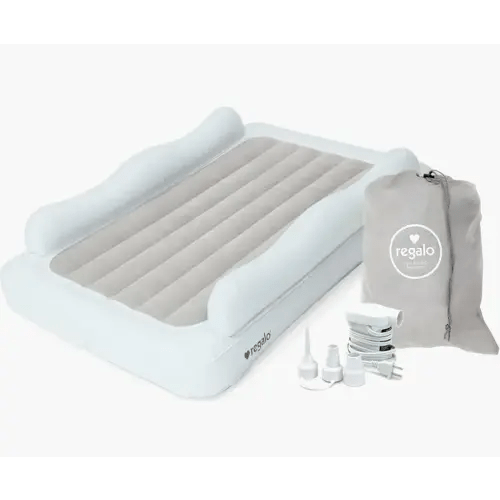 Regalo Inflatable Toddler Travel Bed with 2-Sided Safety Rail Bumpers, Portable Air Mattress with Pump & Carry Bag, Safe & Durable Bed for Camping, Travel, Sleepovers (Ages 2-5)