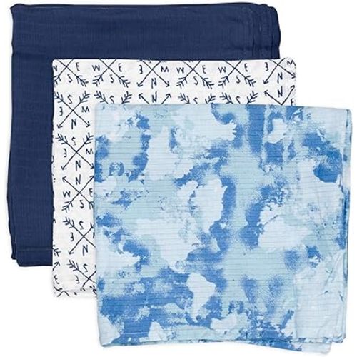 HonestBaby 3-Pack Organic Cotton Swaddle Blankets, Watercolor World, One Size