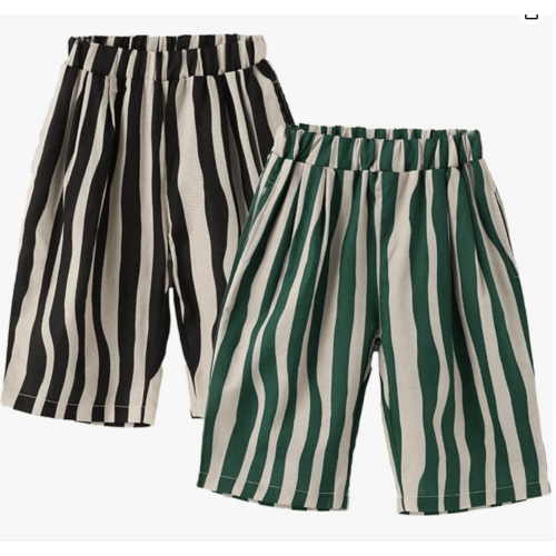 Cotton Stripe Shorts Summer Elastic Waist Casual Capri Pants with Pockets 2Pcs