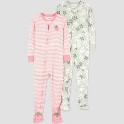 Carter's Just One You® Toddler Girls' 2pk Cotton Floral and Strawberry Striped Pajama Set - Pink/Green 12M