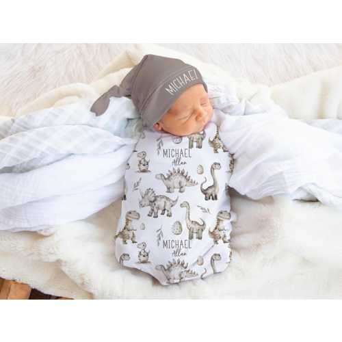 Dinosaur Swaddle Set -Personalized Baby Boy Dino swaddle Blanket hat set T Rex, Long Neck Newborn baby Blanket- Dino Coming Home Outfit s377