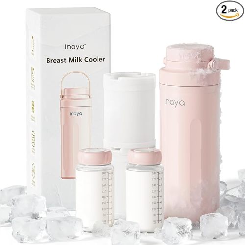 Inaya Portable Breast Milk Cooler Bottle 22oz – Travel Breastmilk Chiller with 24 Hours Cooling, Large Capacity Baby Essentials with 2 Independent Bottles for Breastmilk Storage, Blush Pink