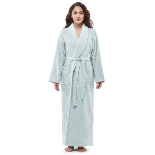 Arus Women's Full Length Turkish Terry Cotton Robe, Shawl Collar Long Bathrobe , Sage , X Small
