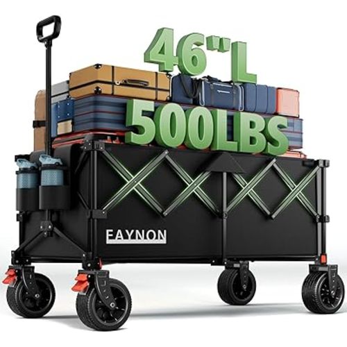 46" L Collapsible Foldable Extended Wagon, 500LB Weight Capacity with 280L Heavy Duty Folding Cart,Utility Wagon with All-Terrain Beach Wheel & Drink Holders,Black