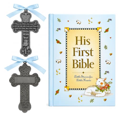 Baby Boy First Bible and 4" Pewter Baptism Guardian Angel Crib Cross (Original Version)-L8