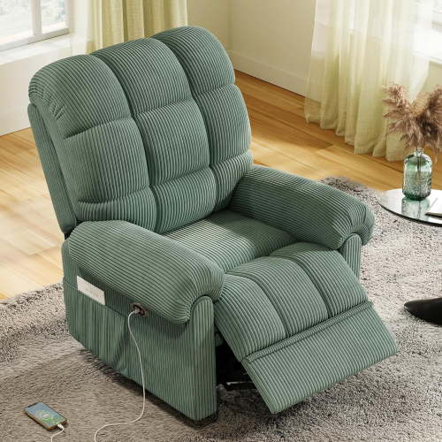 Neche Electric Recliner Chair, Green Corduroy Sofa with USB Port, Adjustable Backrest, 330 lbs Capacity, Tool-Free Setup