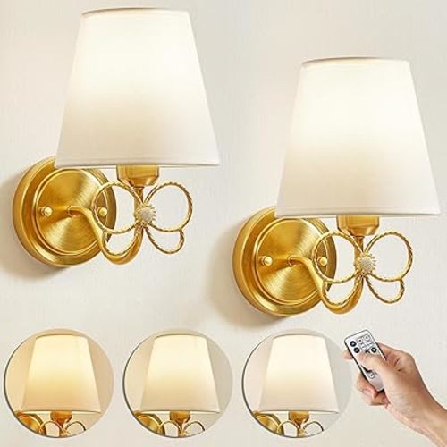 Battery Operated Wall Sconces Lights Set of Two Remote Control, Vintage Antique Brass Bow Sconces Rechargeable Battery Powered Wall Lights Dimmable LED 16 Color Temperatures (Flower Decor)
