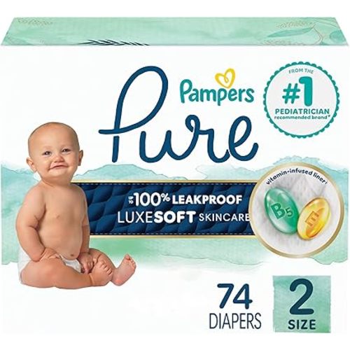 Pampers Baby Diapers - Pure Protection - Size 2, 74 Count, for up to 100% Leakproof, Premium Plant-based Skin Protection