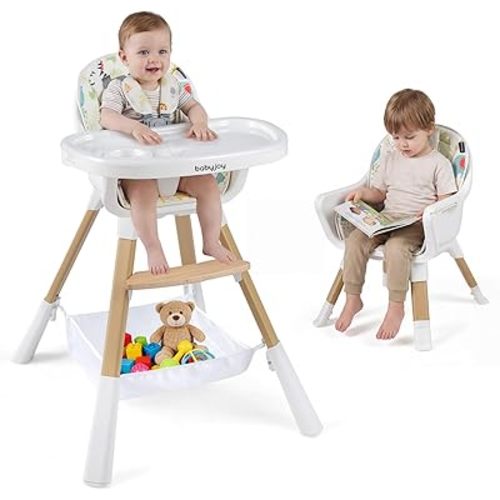 BABY JOY High Chair, 4-in-1 Convertible Highchair for Babies and Toddlers with Adjustable Legs, Double Removable Tray, Storage Basket, 5-Point Safety Harness & Waterproof PU Cushion, Easy to Clean
