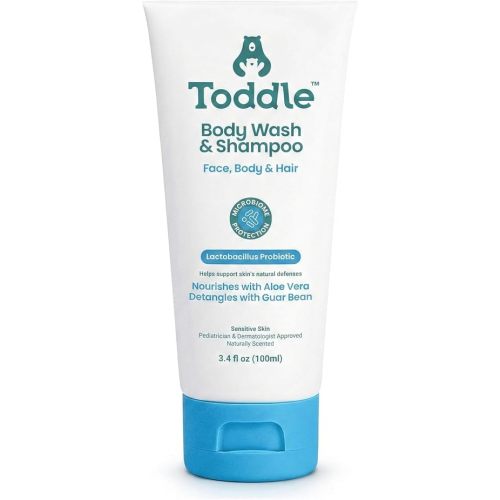 Toddle 3-in-1 Probiotic Baby Shampoo and Body Wash, Plant-Based Kids’ and Toddler Body Wash for Sensitive Skin with Aloe and Lactic Acid, Fragrance-Free, Pediatrician Tested, 3.4 oz