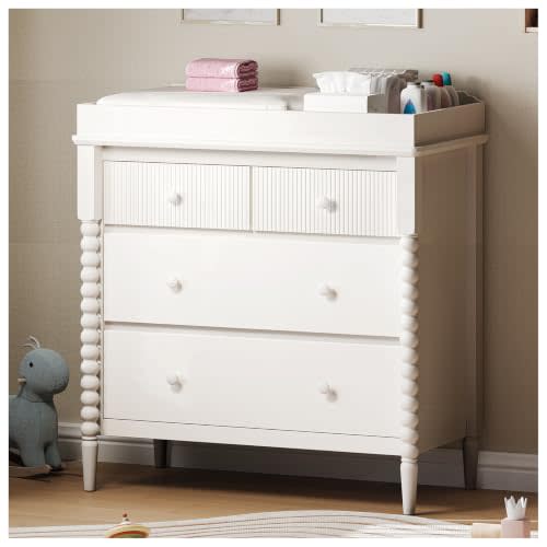JOINICE White Nursery Dresser with Changing Table, 4 Drawers for Storage | Jenny Lind Spindle Style Dresser and Removable Baby Changing Station Combo for Kids Bedroom, Anti-Tip Kit for Safety