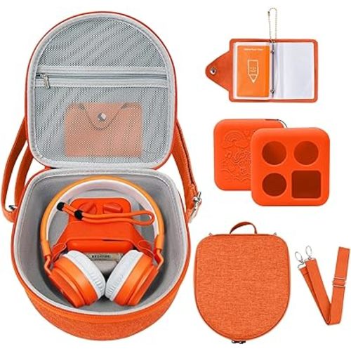 Hard Case Compatible with Yoto Mini (2024 Edition), 3-in-1 Travel Bundle: Silicone Cover + Case with Shoulder Strap (Fits Mini Player & Headphones) + Up to 10 Card Holder for YOTO Cards (Orange)