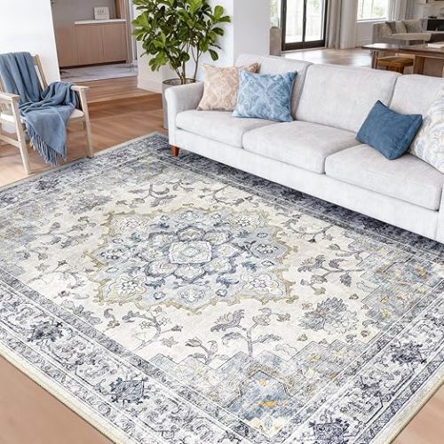 Machine Washable Rugs Nursery Rug 8x10 Cute Girl Non Slip Low Pile Water Repellent Soft Print Pattern for Bedroom Indoor Decor Kids Playroom Bluewhite