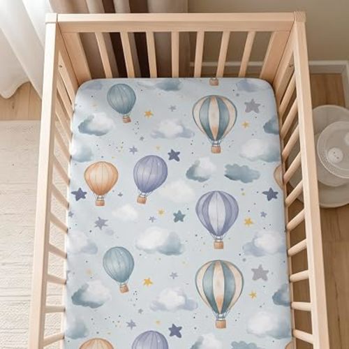Hot Air Balloon Pattern Baby Crib Sheet,Unisex Clouds Stars Standard Fit Crib,Nursery Fitted Crib Bed Sheets Boys Girls Super Soft Toddler Mattress 52" X 28"