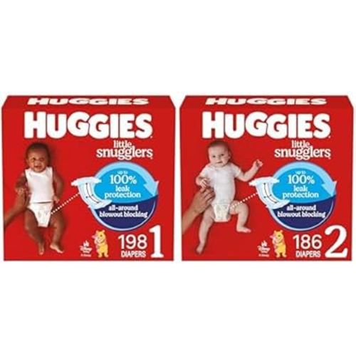 Little Snugglers Bundle: Huggies Little Snugglers Baby Diapers, Size 1 (8-14 lbs), 198 Count & Huggies Little Snugglers Baby Diapers, Size 2 (12-18 lbs), 186 Count