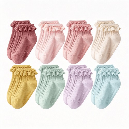 XIBUFE 8 Pairs Non Slip Grip Ruffle Socks Cotton Newborn Baby Toddler Ruffle Grip Ankle Socks for Infant Girls baby socks