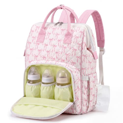 Quilted Diaper Bag Backpack Mom Baby Girl Diaper Bag Large Pink Bow Pattern | Waterproof Nylon Pink Diaper Bag Large Capacity Multifunctional Backpack for Mom Dad Work Travel Holiday Daily Commuting