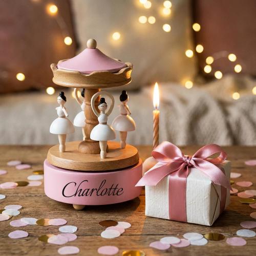 Personalized Wooden Carousel Music Box with Name, Engraved Newborn Keepsake, Nursery Decor, Baby Shower & Baptism Gift