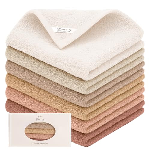 Konssy 100% Cotton Terry Face Wash Cloths, 12x12 inch Soft & Absorbent Terry Face Cloths for Face Washing & Makeup Removal, 6 Pack Assorted Colors Washcloths with Hanging Loop