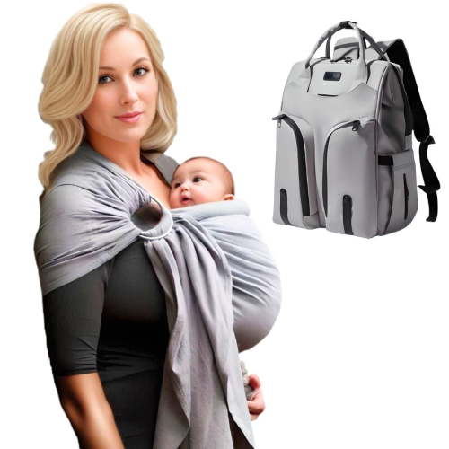 Cuddle'm Ring Sling Baby Carrier Newborn to Toddler - Baby Wrap and Diaper Backpack (Elevated Gray)