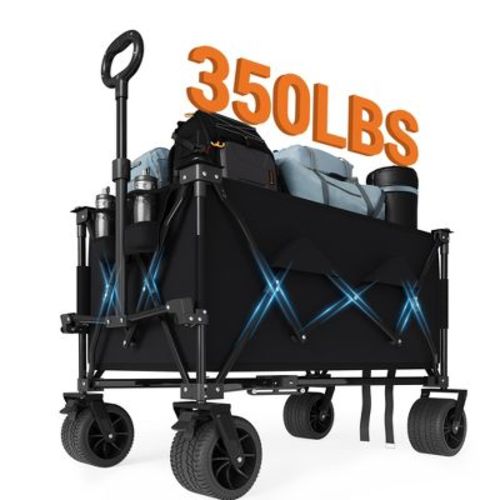 Heavy Duty Foldable Wagon for Beach, Extra Large Collapsible Foldable Wagon for Camping, All Terrain Beach Wagons Extended with Cup Holders for Sand