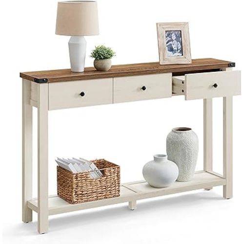 VASAGLE LIRY Collection - Console Sofa Table, Narrow Entryway Table with 3 Drawers, Open Storage Shelf, Metal Corners, for Living Room, Farmhouse Style, Honey Brown and Rustic White ULNT142WJ02S