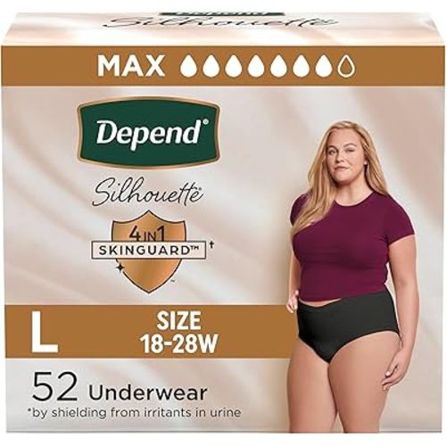Depend Silhouette Adult Diapers, Incontinence & Postpartum Bladder Leak Underwear for Women, Maximum Absorbency, Large, Black, 52 Count (2 Packs of 26), Packaging May Vary