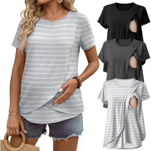 Ekouaer Nursing Shirts 3 Packs Short Sleeve Breastfeeding Tops Summer Maternity T Shirts Postpartum Double Layer Clothes