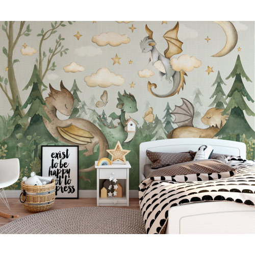 Dragon Kids Wallpaper – Mural with Dragons and Clouds | Custom Size | Peel & Stick or Non-Woven | Nursery Wall Decor