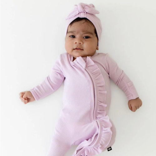 Ribbed Ruffle Zipper Footie in Thistle