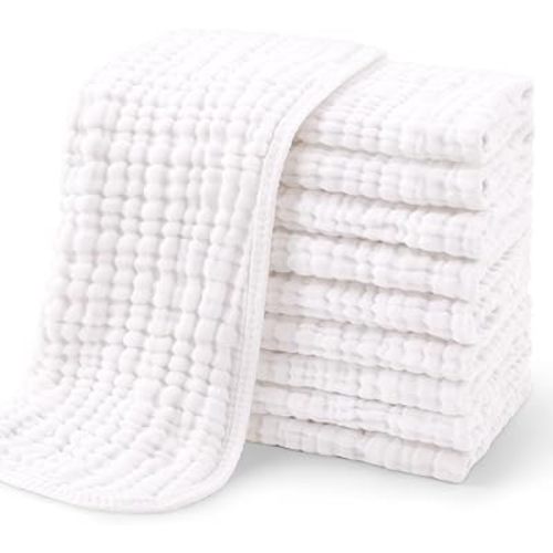 Yoofoss Muslin Burp Cloths for Baby 10 Pack 100% Organic Cotton Baby Washcloths for Boys Girls Large 20''X10'' Super Soft and Absorbent White