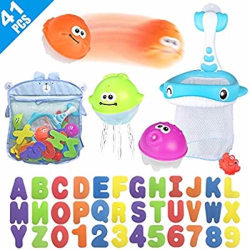 Bath Toy Sets, 36 Foam Bath Letters and Numbers, Floating Squirts Animal Toys Set with Fishing Net and Organizer Bag, Fish Catching  Game for Babies Infants Toddlers Bathtub Time