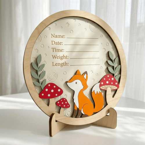 Woodland Fox Birth Stats Sign | Mushroom 3D Wooden Newborn Plaque | Custom Forest Baby Announcement | Neutral Nursery Decor